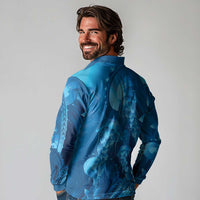 Blue Gradient Polynesia Jellyfish Long Sleeve Polo Shirt Plumeria Polynesian Tattoo Glowing Vibes LT14 - Polynesian Pride