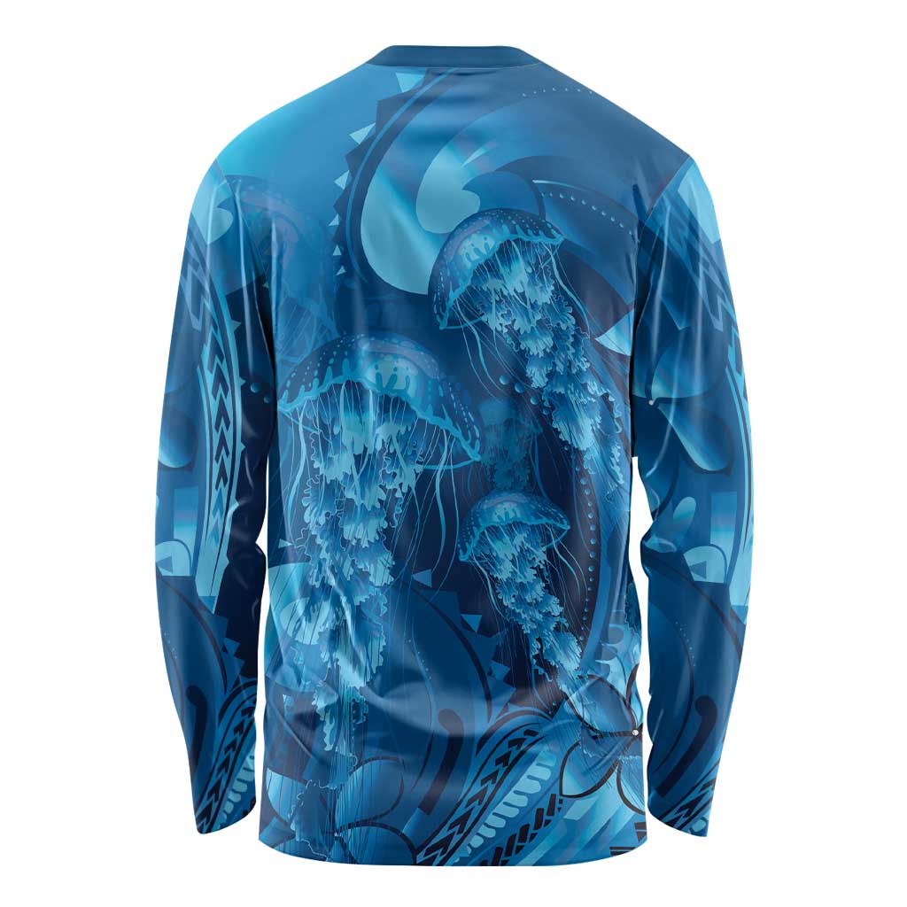 Blue Gradient Polynesia Jellyfish Long Sleeve Shirt Plumeria Polynesian Tattoo Glowing Vibes LT14 - Polynesian Pride