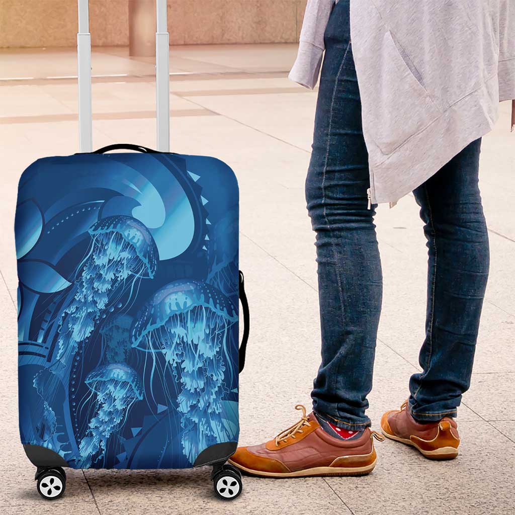 Blue Gradient Polynesia Jellyfish Luggage Cover Plumeria Polynesian Tattoo Glowing Vibes LT14 Blue - Polynesian Pride