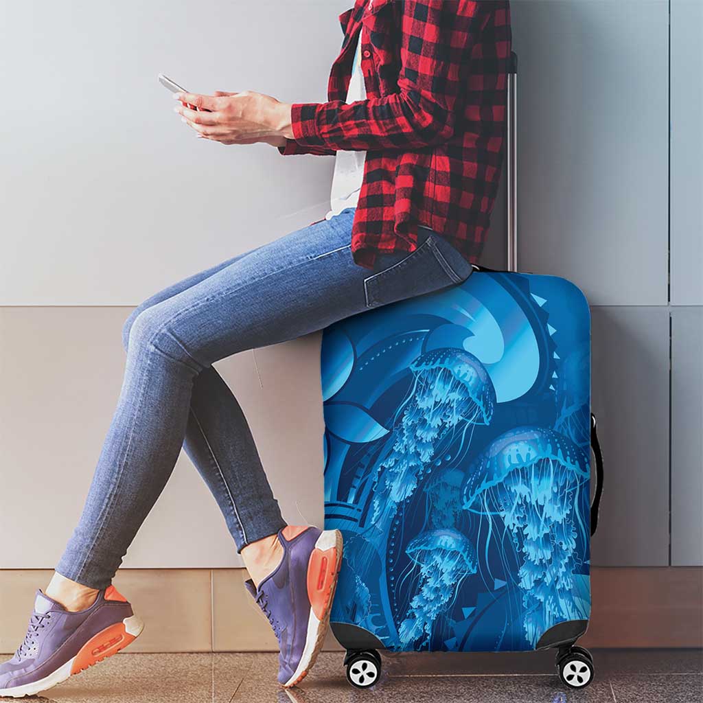 Blue Gradient Polynesia Jellyfish Luggage Cover Plumeria Polynesian Tattoo Glowing Vibes LT14 - Polynesian Pride