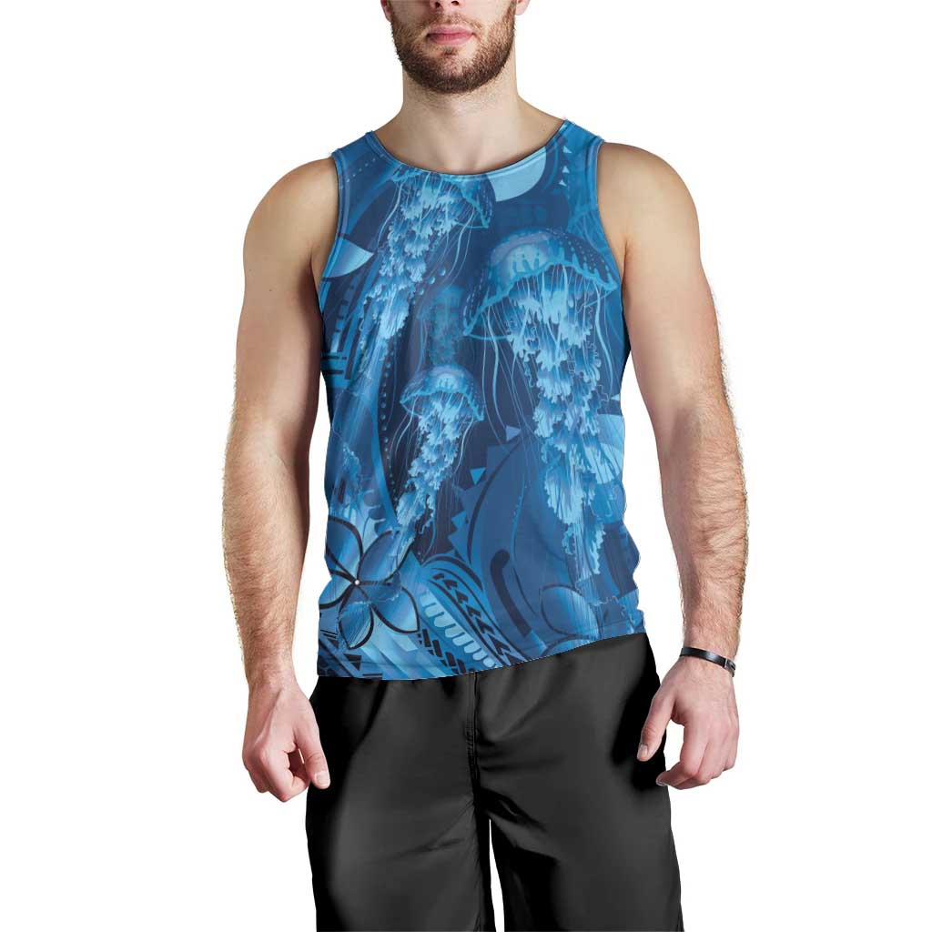 Blue Gradient Polynesia Jellyfish Men Tank Top Plumeria Polynesian Tattoo Glowing Vibes LT14 - Polynesian Pride