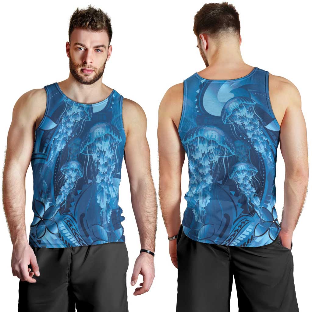 Blue Gradient Polynesia Jellyfish Men Tank Top Plumeria Polynesian Tattoo Glowing Vibes LT14 - Polynesian Pride