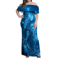 Blue Gradient Polynesia Jellyfish Off Shoulder Maxi Dress Plumeria Polynesian Tattoo Glowing Vibes LT14 Women Blue - Polynesian Pride