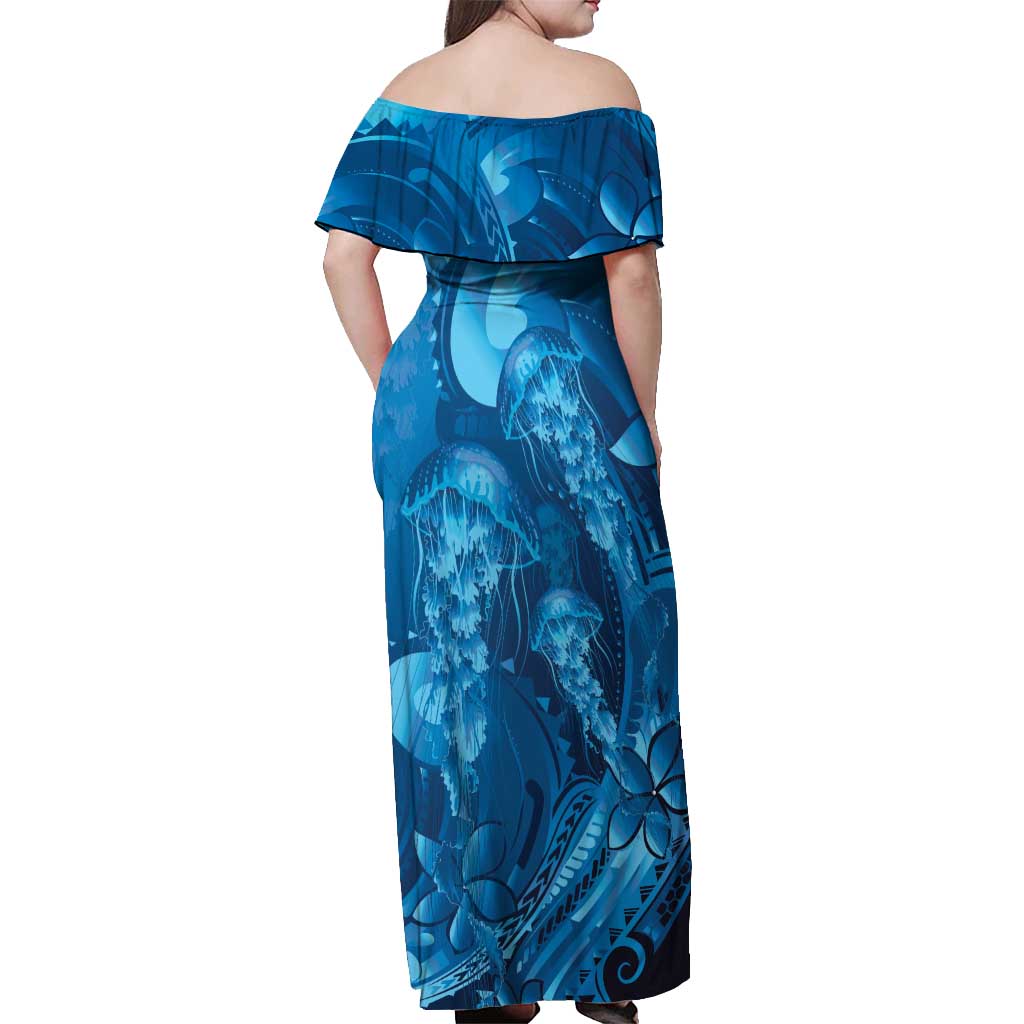 Blue Gradient Polynesia Jellyfish Off Shoulder Maxi Dress Plumeria Polynesian Tattoo Glowing Vibes LT14 - Polynesian Pride