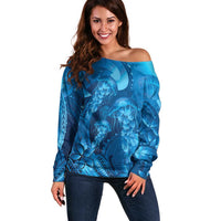 Blue Gradient Polynesia Jellyfish Off Shoulder Sweater Plumeria Polynesian Tattoo Glowing Vibes LT14 Women Blue - Polynesian Pride