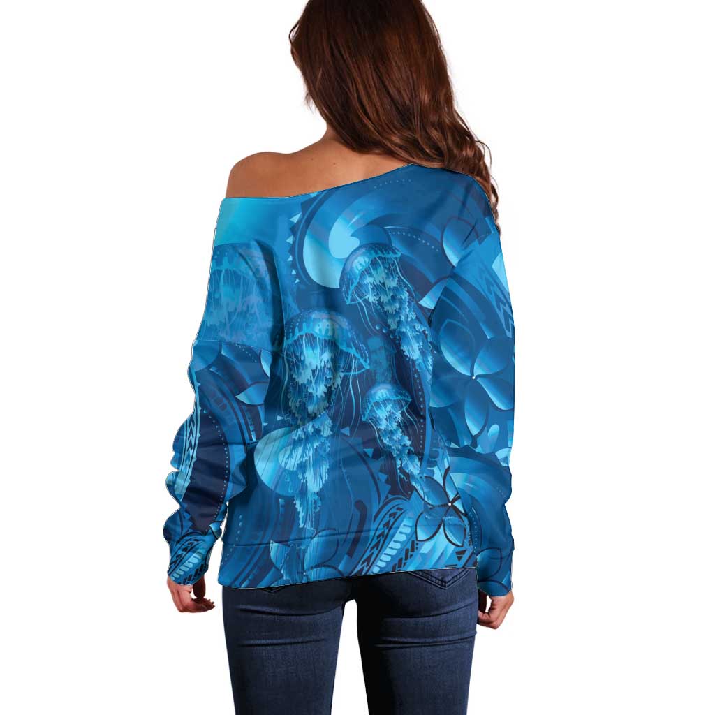 Blue Gradient Polynesia Jellyfish Off Shoulder Sweater Plumeria Polynesian Tattoo Glowing Vibes LT14 - Polynesian Pride