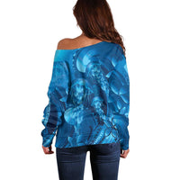 Blue Gradient Polynesia Jellyfish Off Shoulder Sweater Plumeria Polynesian Tattoo Glowing Vibes LT14 - Polynesian Pride