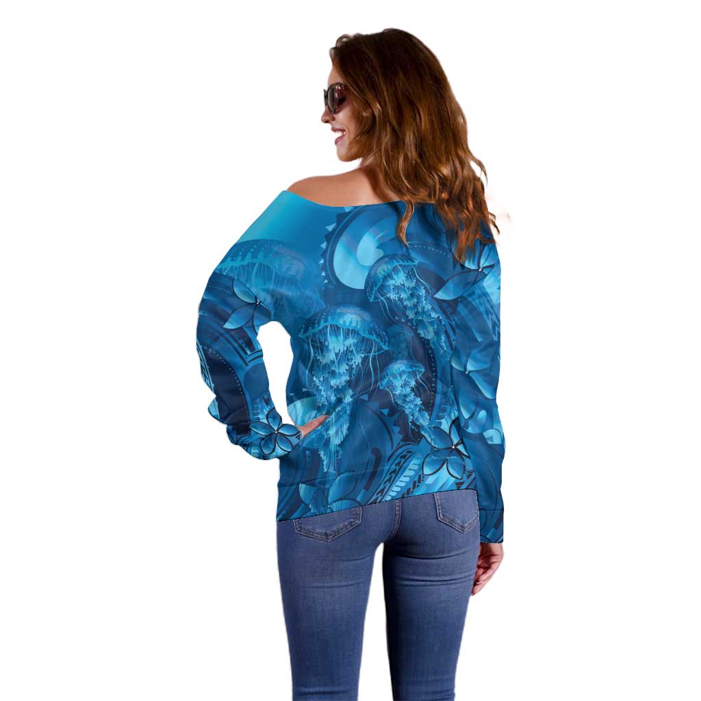 Blue Gradient Polynesia Jellyfish Off Shoulder Sweater Plumeria Polynesian Tattoo Glowing Vibes LT14 - Polynesian Pride