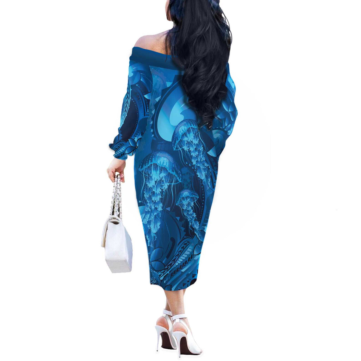 Blue Gradient Polynesia Jellyfish Off The Shoulder Long Sleeve Dress Plumeria Polynesian Tattoo Glowing Vibes LT14 - Polynesian Pride