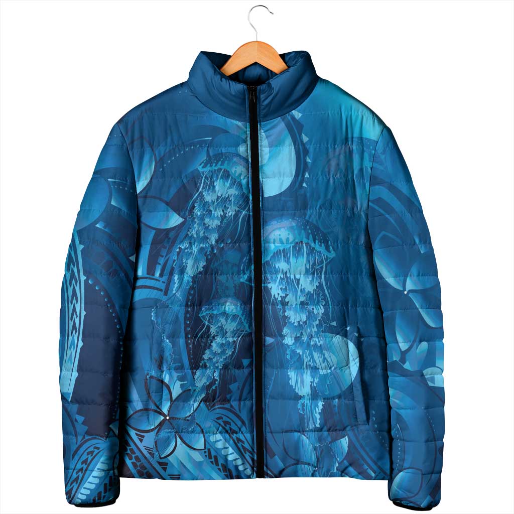 Blue Gradient Polynesia Jellyfish Padded Jacket Plumeria Polynesian Tattoo Glowing Vibes
