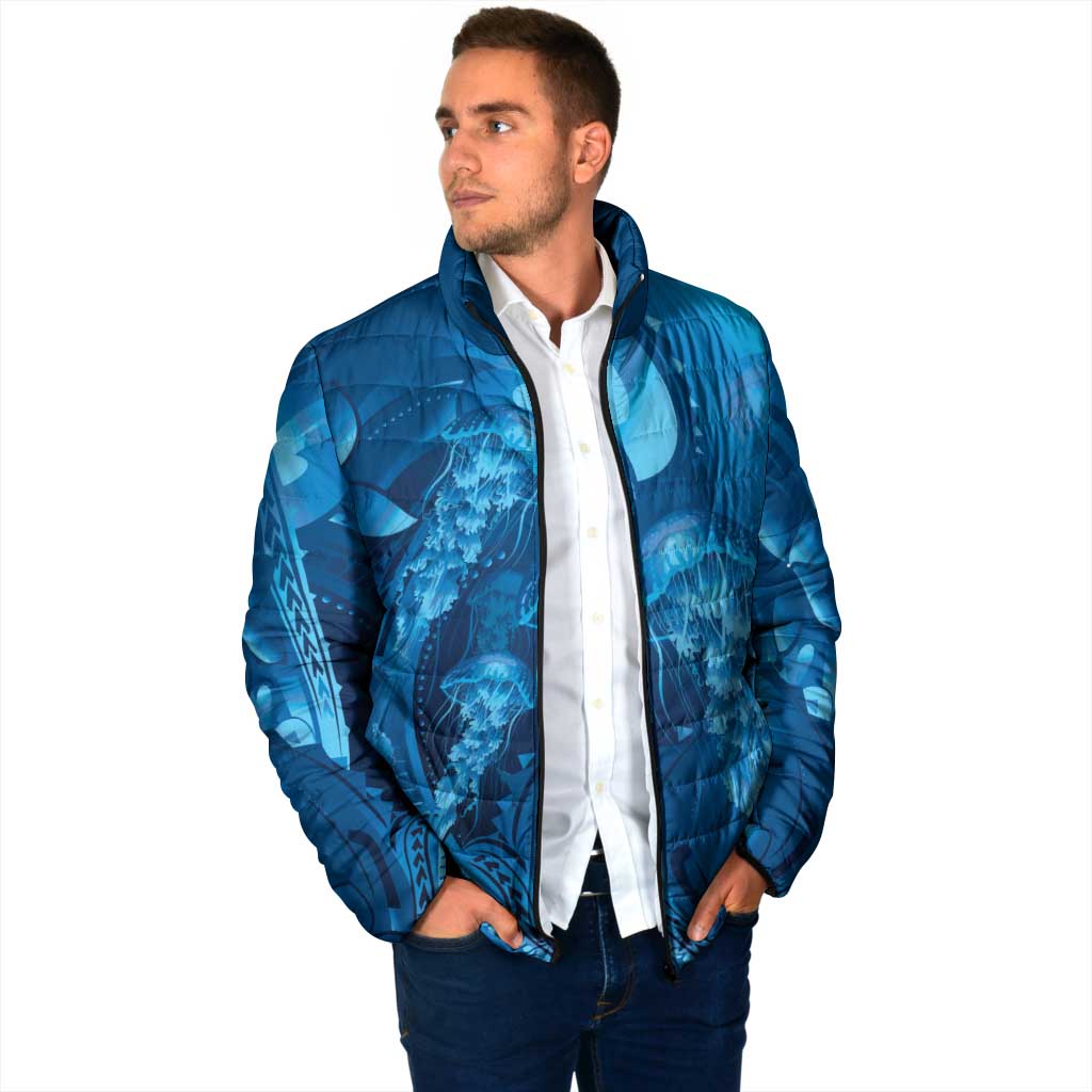 Blue Gradient Polynesia Jellyfish Padded Jacket Plumeria Polynesian Tattoo Glowing Vibes