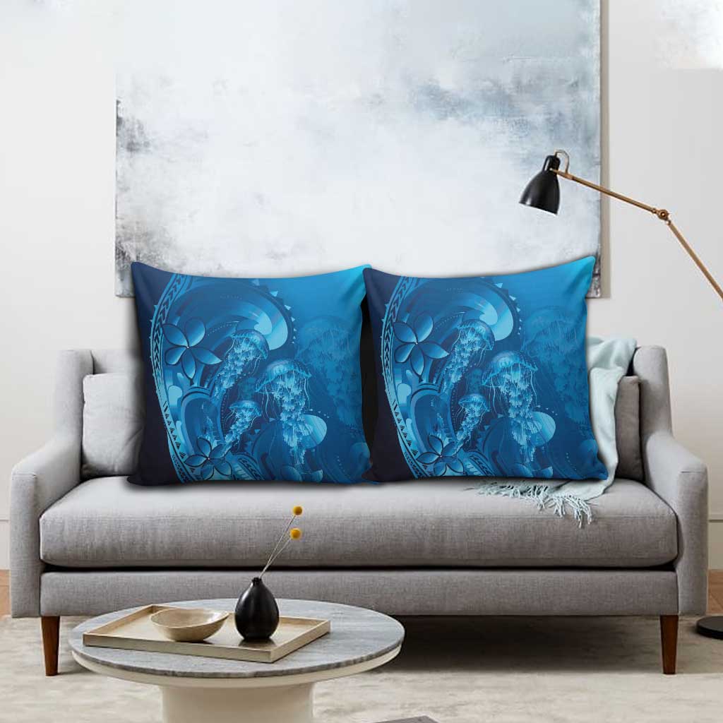 Blue Gradient Polynesia Jellyfish Pillow Cover Plumeria Polynesian Tattoo Glowing Vibes LT14 - Polynesian Pride