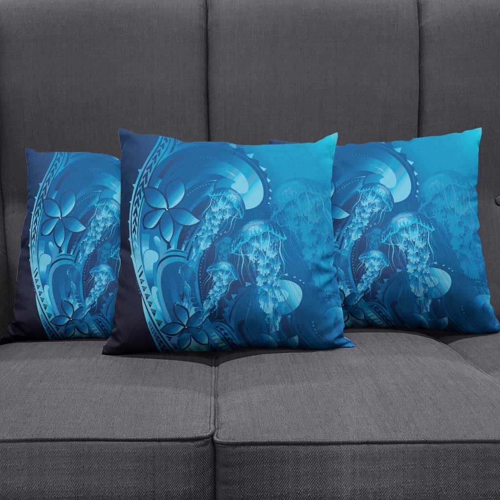 Blue Gradient Polynesia Jellyfish Pillow Cover Plumeria Polynesian Tattoo Glowing Vibes LT14 - Polynesian Pride