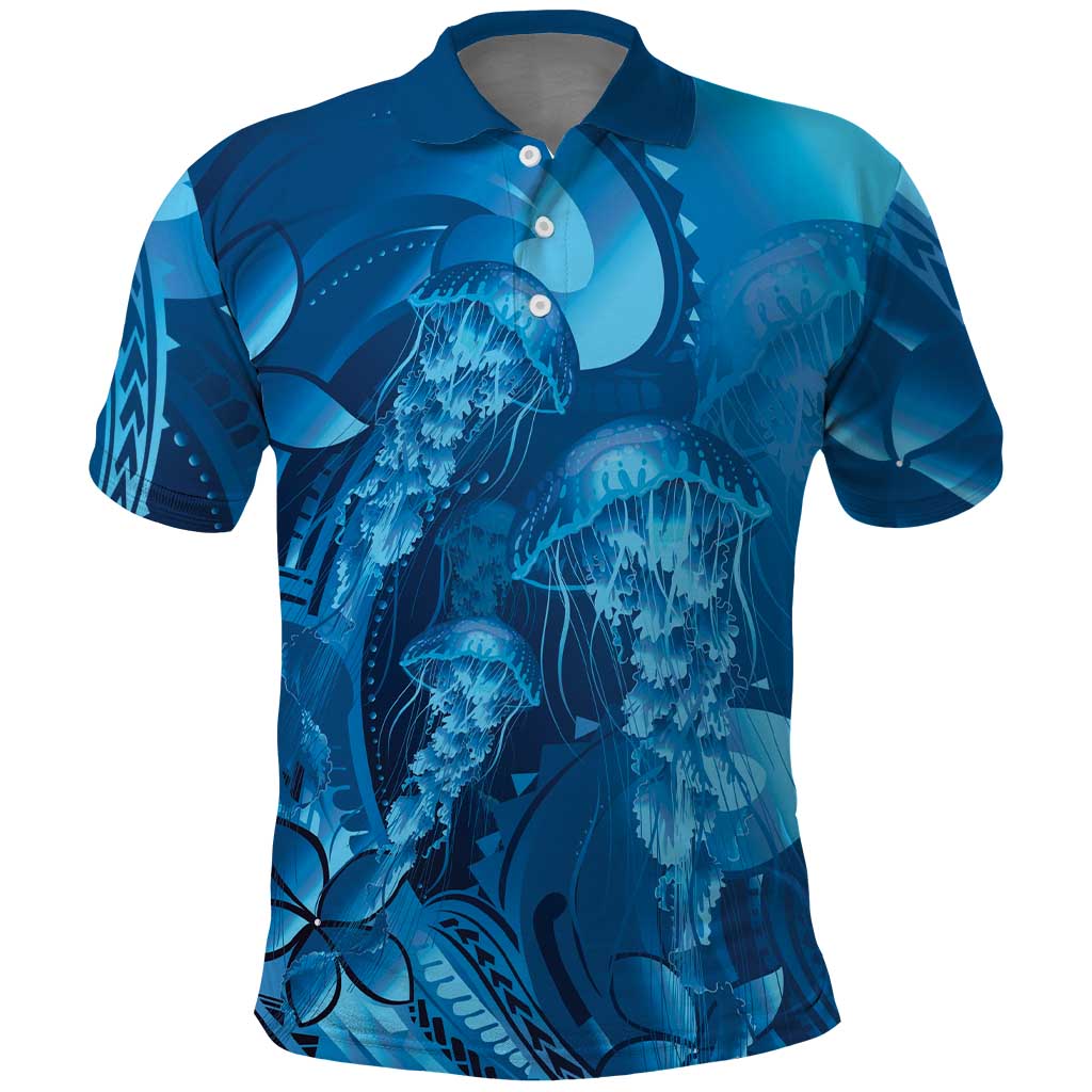 Blue Gradient Polynesia Jellyfish Polo Shirt Plumeria Polynesian Tattoo Glowing Vibes LT14 Blue - Polynesian Pride