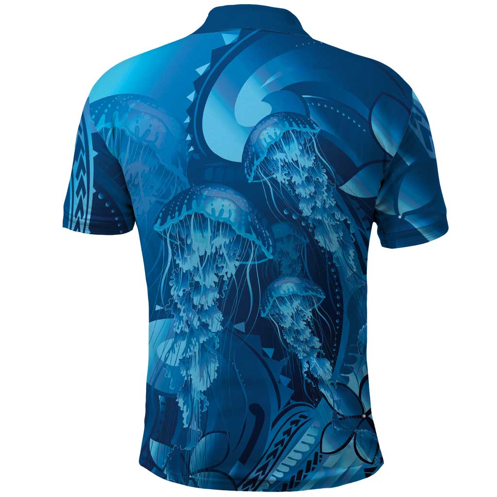 Blue Gradient Polynesia Jellyfish Polo Shirt Plumeria Polynesian Tattoo Glowing Vibes LT14 - Polynesian Pride