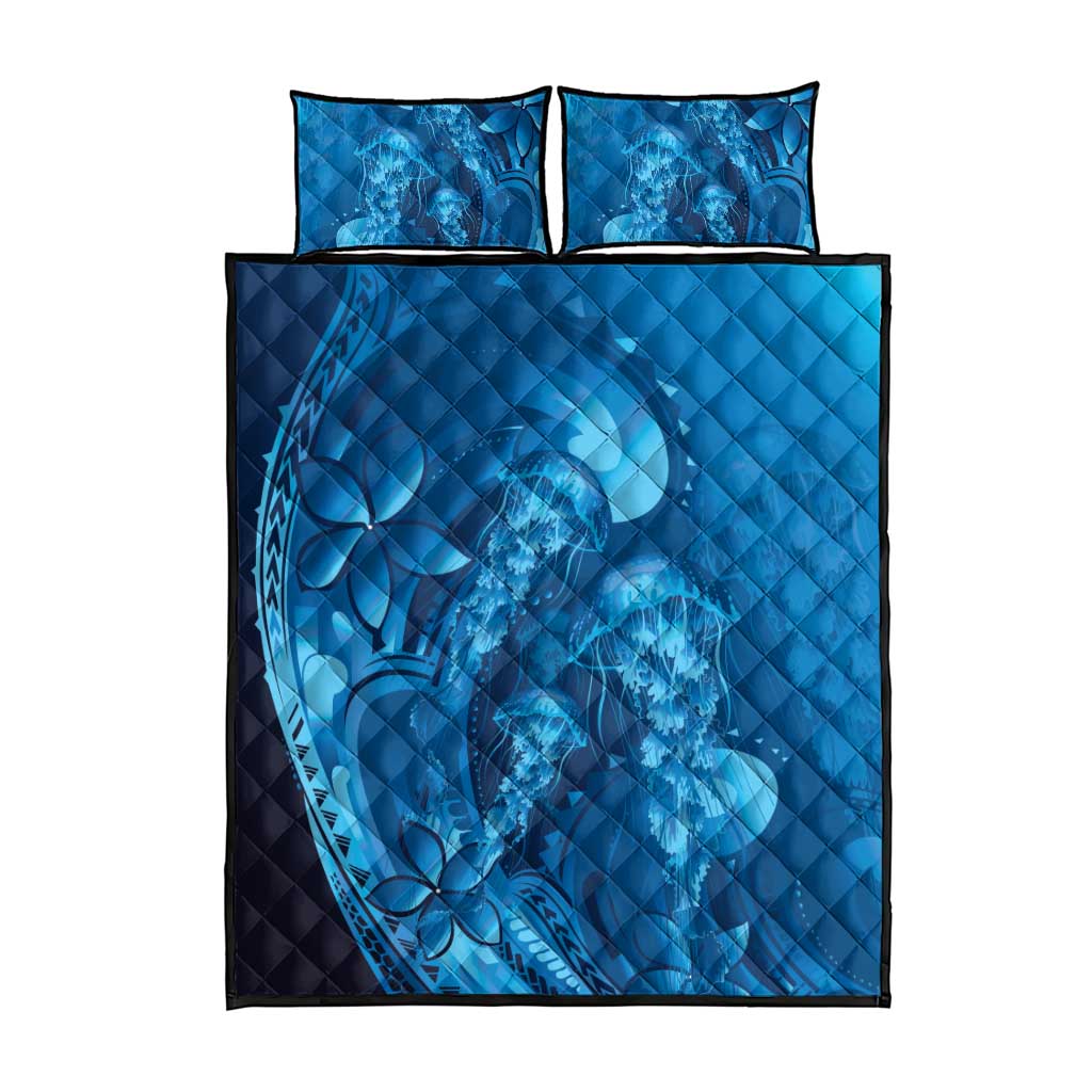 Blue Gradient Polynesia Jellyfish Quilt Bed Set Plumeria Polynesian Tattoo Glowing Vibes LT14 - Polynesian Pride