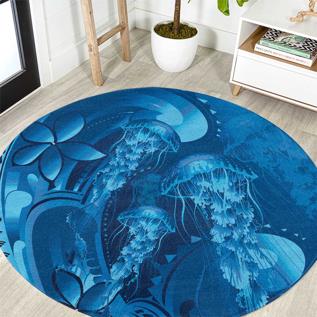Blue Gradient Polynesia Jellyfish Round Carpet Plumeria Polynesian Tattoo Glowing Vibes LT14 Blue - Polynesian Pride