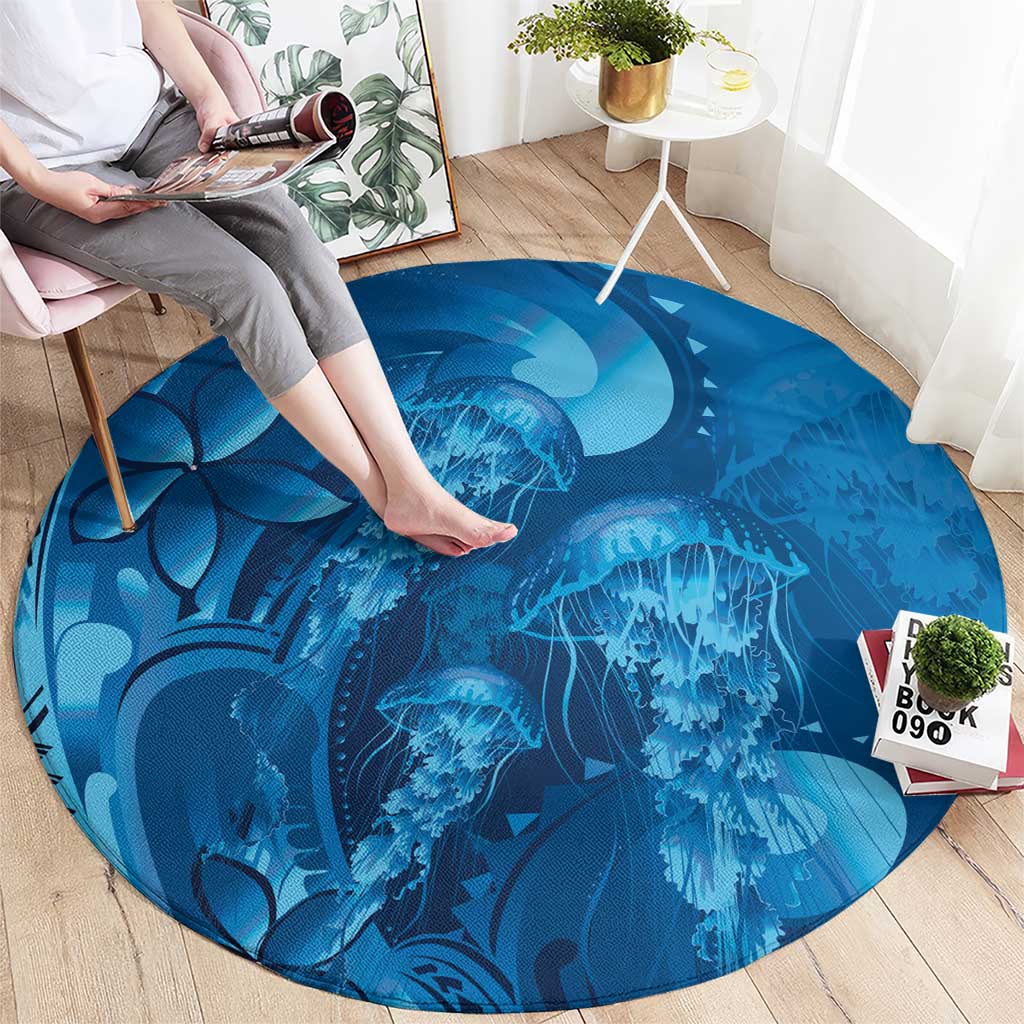 Blue Gradient Polynesia Jellyfish Round Carpet Plumeria Polynesian Tattoo Glowing Vibes LT14 - Polynesian Pride