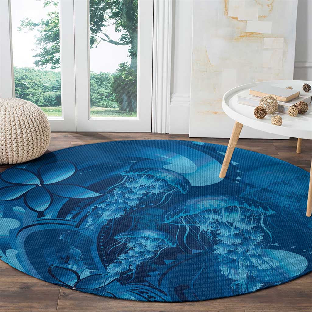 Blue Gradient Polynesia Jellyfish Round Carpet Plumeria Polynesian Tattoo Glowing Vibes LT14 - Polynesian Pride