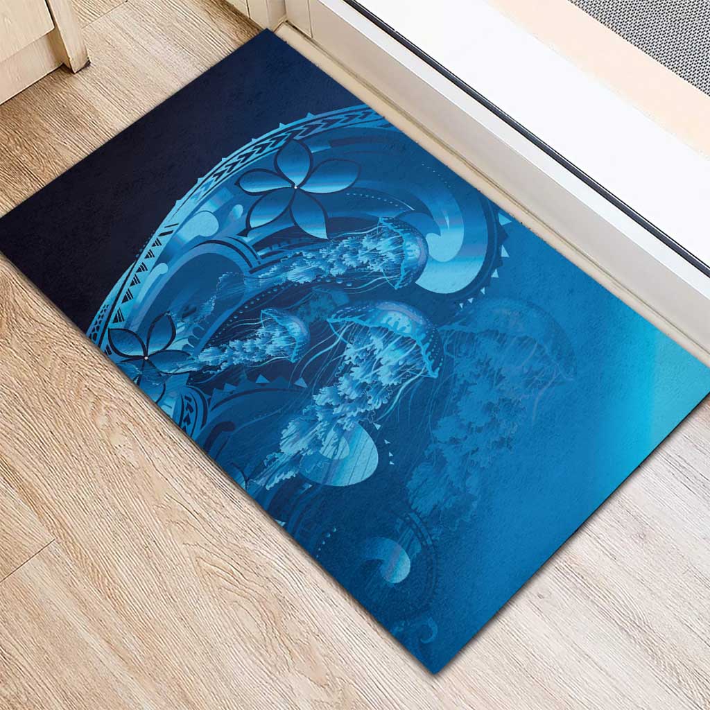 Blue Gradient Polynesia Jellyfish Rubber Doormat Plumeria Polynesian Tattoo Glowing Vibes LT14 - Polynesian Pride