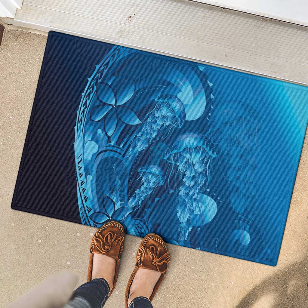 Blue Gradient Polynesia Jellyfish Rubber Doormat Plumeria Polynesian Tattoo Glowing Vibes LT14 - Polynesian Pride