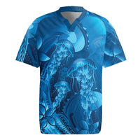 Blue Gradient Polynesia Jellyfish Rugby Jersey Plumeria Polynesian Tattoo Glowing Vibes LT14 Blue - Polynesian Pride