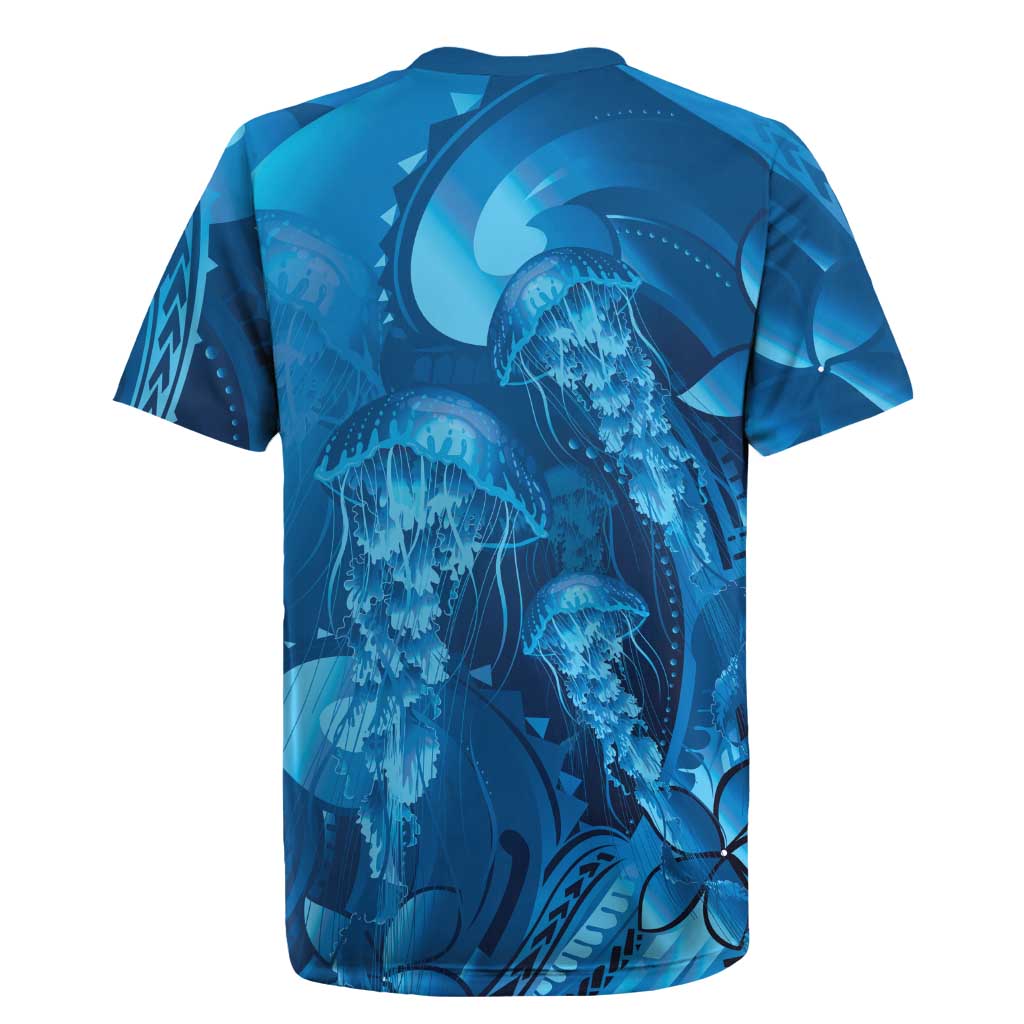 Blue Gradient Polynesia Jellyfish Rugby Jersey Plumeria Polynesian Tattoo Glowing Vibes LT14 - Polynesian Pride
