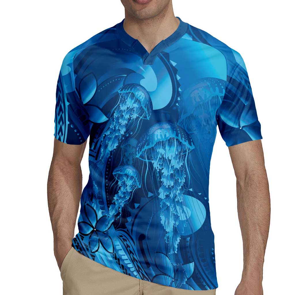 Blue Gradient Polynesia Jellyfish Rugby Jersey Plumeria Polynesian Tattoo Glowing Vibes LT14 - Polynesian Pride