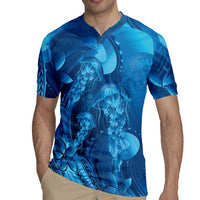 Blue Gradient Polynesia Jellyfish Rugby Jersey Plumeria Polynesian Tattoo Glowing Vibes LT14 - Polynesian Pride