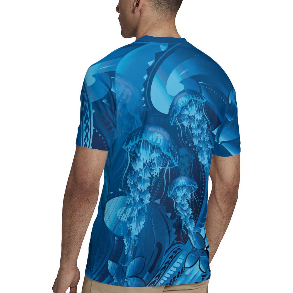 Blue Gradient Polynesia Jellyfish Rugby Jersey Plumeria Polynesian Tattoo Glowing Vibes LT14 - Polynesian Pride