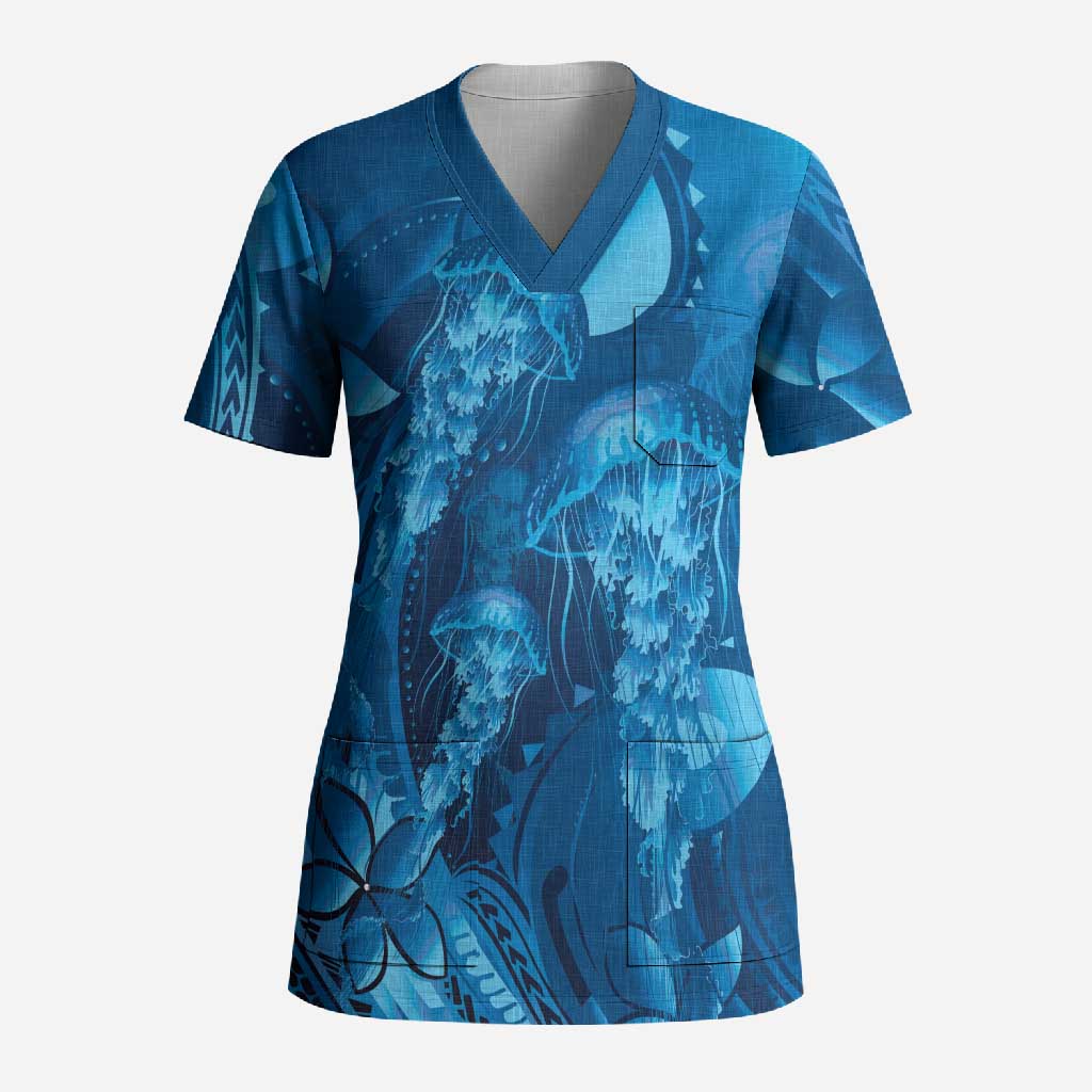 Blue Gradient Polynesia Jellyfish Scrub Top Plumeria Polynesian Tattoo Glowing Vibes LT14 Adult Blue - Polynesian Pride