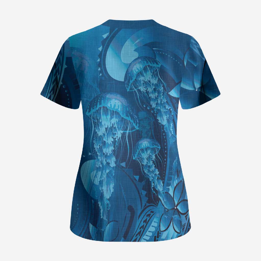 Blue Gradient Polynesia Jellyfish Scrub Top Plumeria Polynesian Tattoo Glowing Vibes LT14 - Polynesian Pride