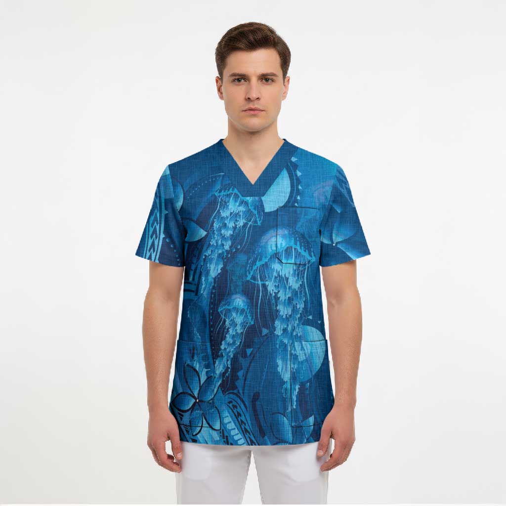 Blue Gradient Polynesia Jellyfish Scrub Top Plumeria Polynesian Tattoo Glowing Vibes LT14 - Polynesian Pride