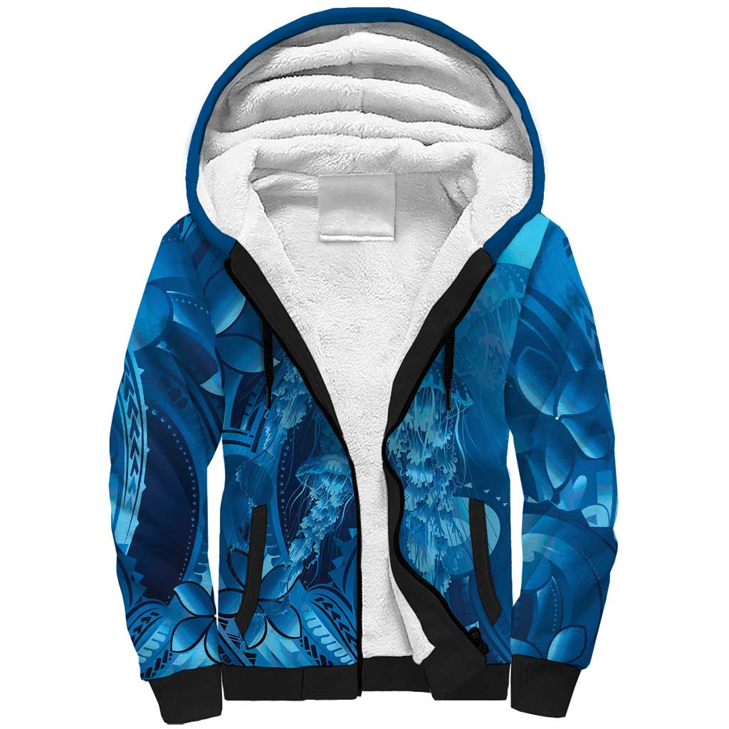 Blue Gradient Polynesia Jellyfish Sherpa Hoodie Plumeria Polynesian Tattoo Glowing Vibes LT14 Unisex Blue - Polynesian Pride