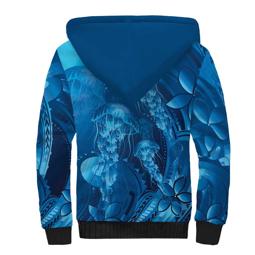Blue Gradient Polynesia Jellyfish Sherpa Hoodie Plumeria Polynesian Tattoo Glowing Vibes LT14 - Polynesian Pride