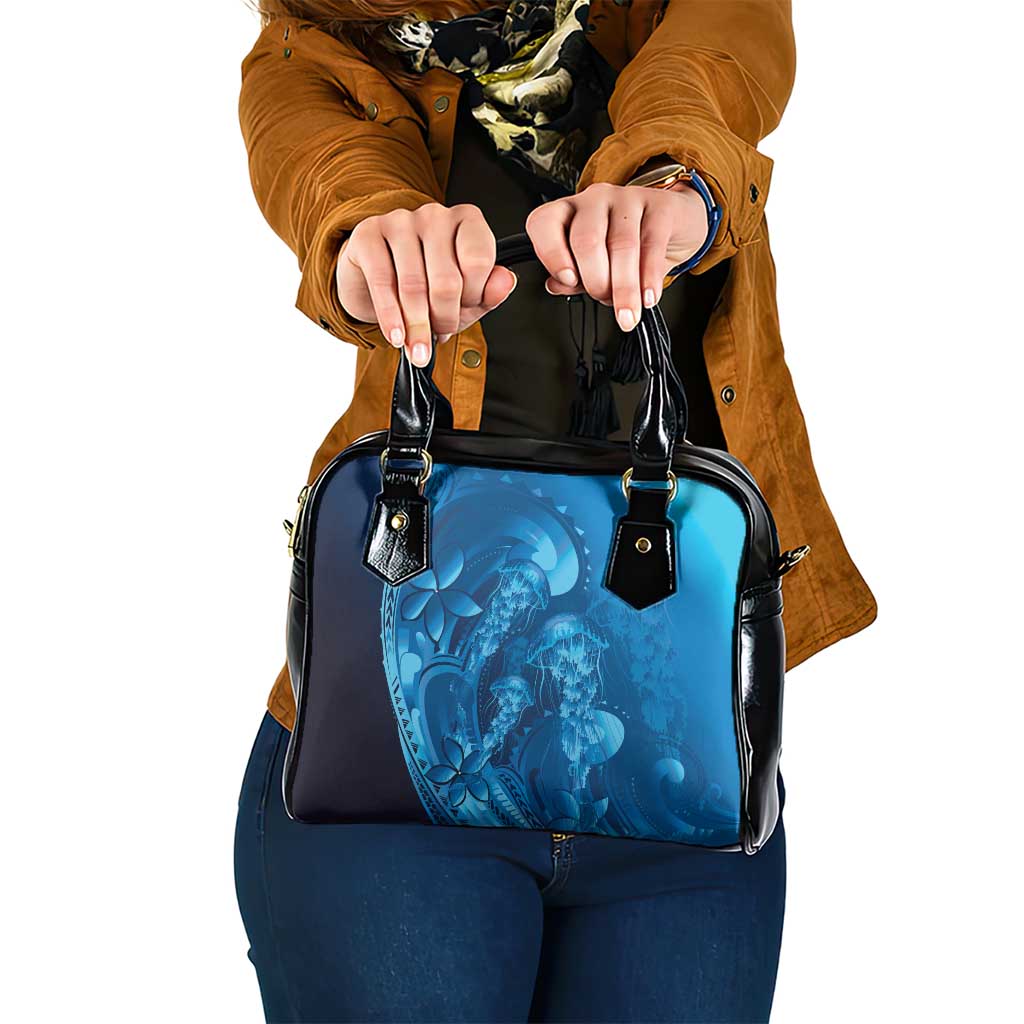Blue Gradient Polynesia Jellyfish Shoulder Handbag Plumeria Polynesian Tattoo Glowing Vibes LT14 One Size Blue - Polynesian Pride