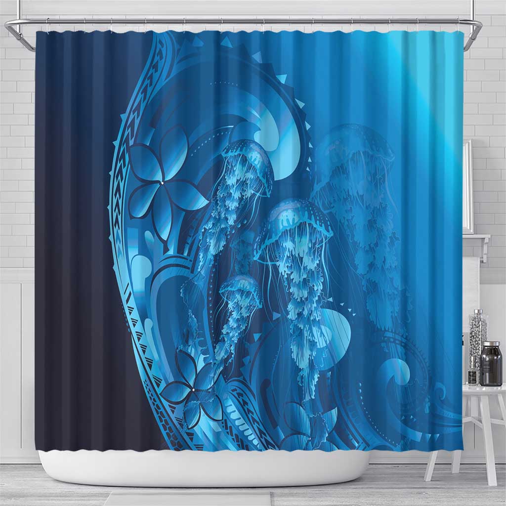 Blue Gradient Polynesia Jellyfish Shower Curtain Plumeria Polynesian Tattoo Glowing Vibes LT14 - Polynesian Pride