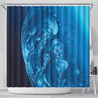 Blue Gradient Polynesia Jellyfish Shower Curtain Plumeria Polynesian Tattoo Glowing Vibes LT14 - Polynesian Pride