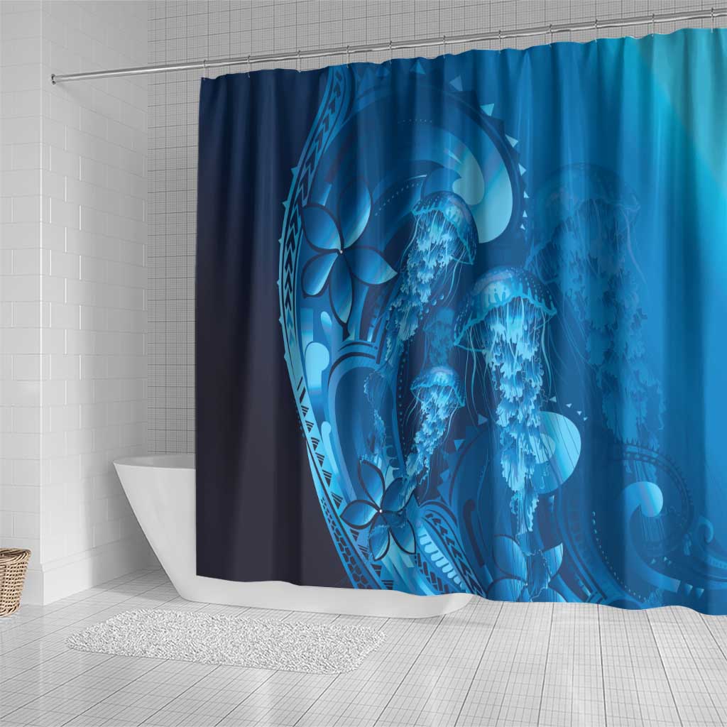 Blue Gradient Polynesia Jellyfish Shower Curtain Plumeria Polynesian Tattoo Glowing Vibes LT14 - Polynesian Pride