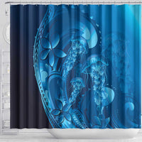 Blue Gradient Polynesia Jellyfish Shower Curtain Plumeria Polynesian Tattoo Glowing Vibes LT14 - Polynesian Pride
