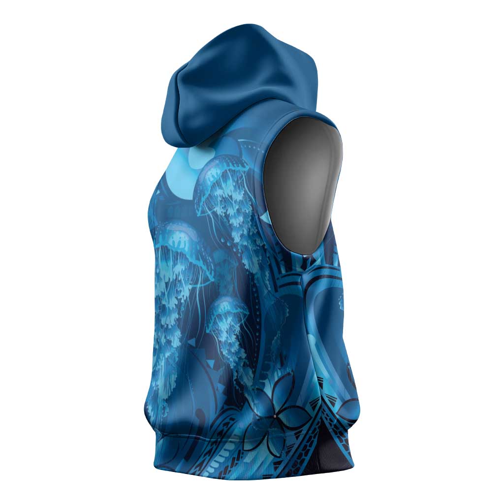 Blue Gradient Polynesia Jellyfish Sleeveless Hoodie Plumeria Polynesian Tattoo Glowing Vibes LT14 - Polynesian Pride