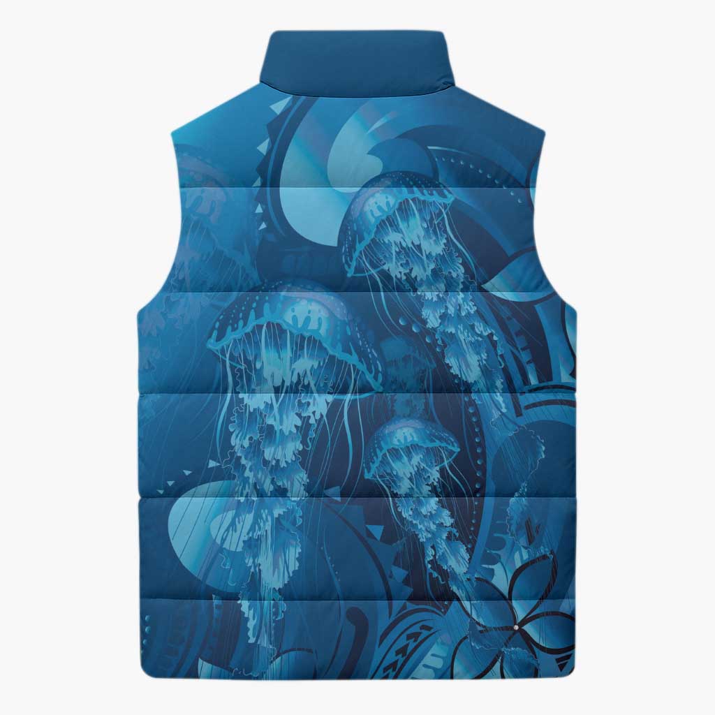 Blue Gradient Polynesia Jellyfish Sleeveless Puffer Jacket Plumeria Polynesian Tattoo Glowing Vibes LT14 - Polynesian Pride