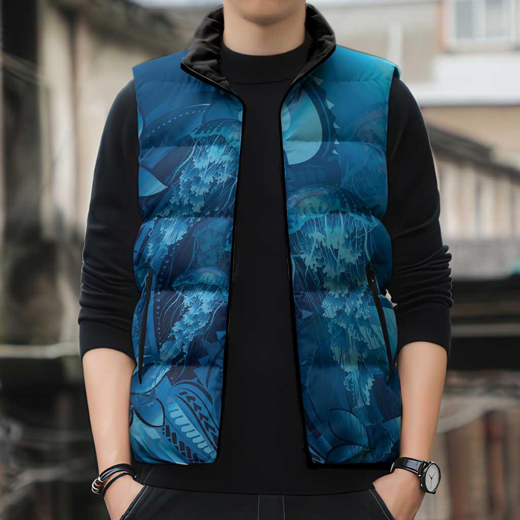 Blue Gradient Polynesia Jellyfish Sleeveless Puffer Jacket Plumeria Polynesian Tattoo Glowing Vibes LT14 - Polynesian Pride