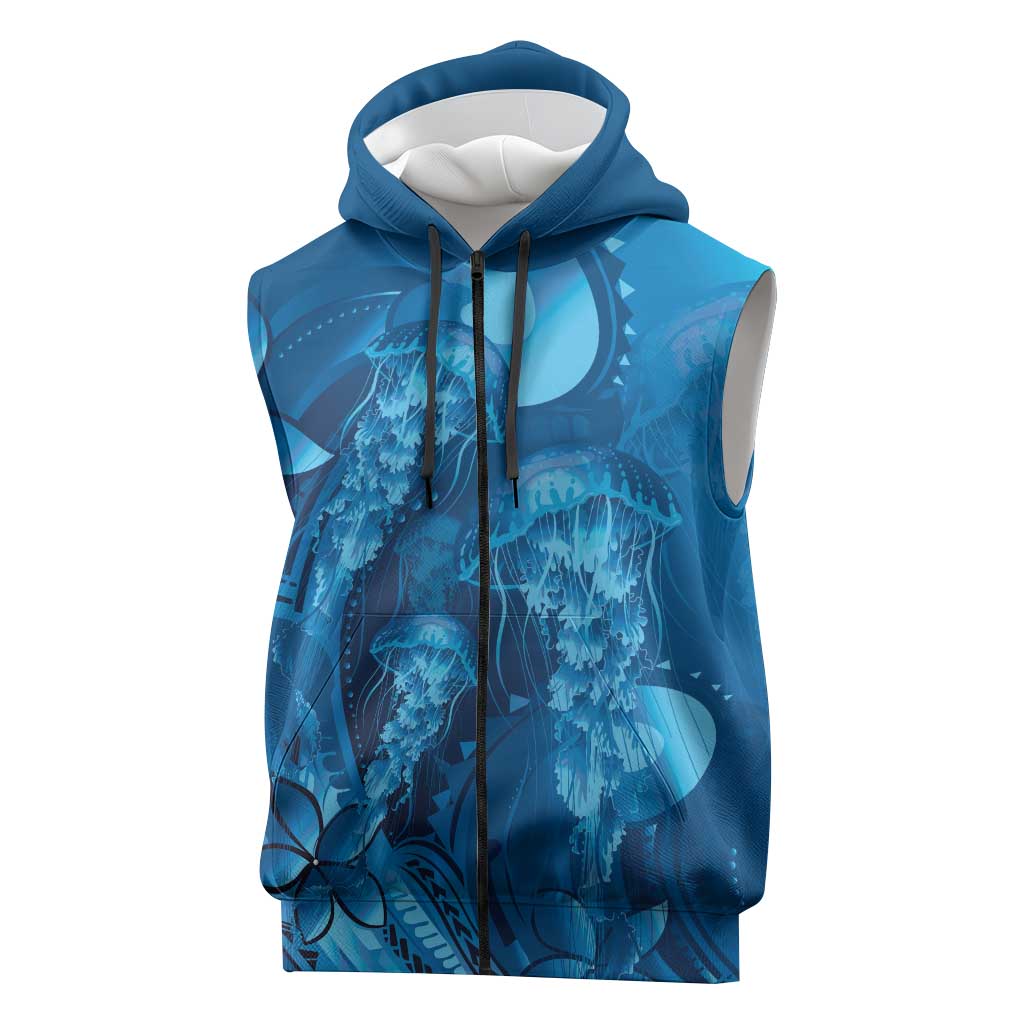 Blue Gradient Polynesia Jellyfish Sleeveless Zip Hoodie Plumeria Polynesian Tattoo Glowing Vibes LT14 Blue - Polynesian Pride