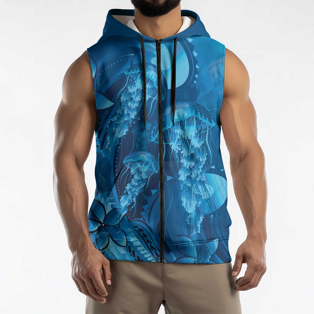 Blue Gradient Polynesia Jellyfish Sleeveless Zip Hoodie Plumeria Polynesian Tattoo Glowing Vibes LT14 - Polynesian Pride