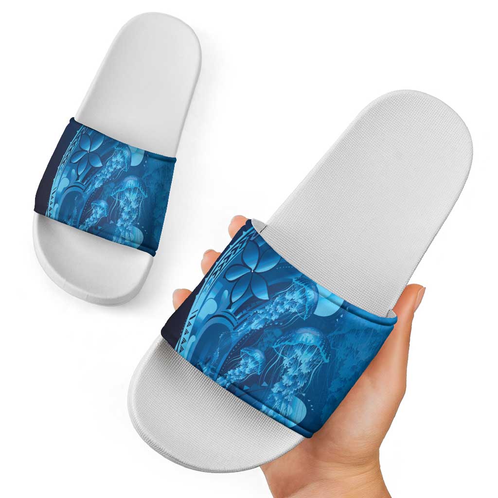 Blue Gradient Polynesia Jellyfish Slide Sandals Plumeria Polynesian Tattoo Glowing Vibes LT14 - Polynesian Pride
