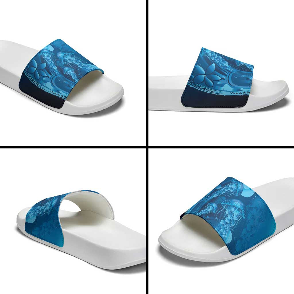 Blue Gradient Polynesia Jellyfish Slide Sandals Plumeria Polynesian Tattoo Glowing Vibes LT14 - Polynesian Pride