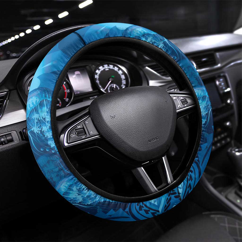 Blue Gradient Polynesia Jellyfish Steering Wheel Cover Plumeria Polynesian Tattoo Glowing Vibes LT14 Universal Fit Blue - Polynesian Pride
