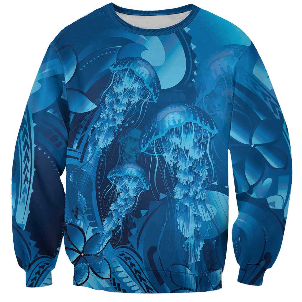 Blue Gradient Polynesia Jellyfish Sweatshirt Plumeria Polynesian Tattoo Glowing Vibes LT14 Unisex Blue - Polynesian Pride