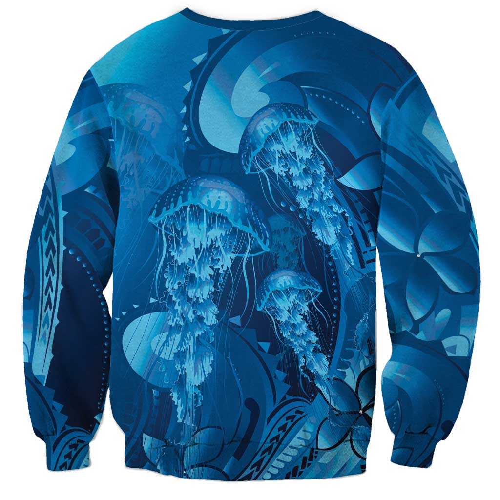 Blue Gradient Polynesia Jellyfish Sweatshirt Plumeria Polynesian Tattoo Glowing Vibes LT14 - Polynesian Pride